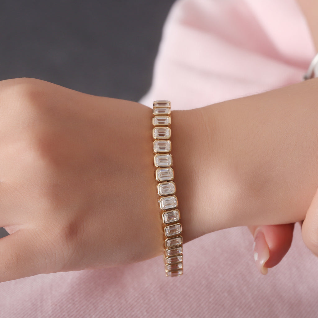 18K Yellow 4*6 Emerald Cut Moissanite Tennis Bracelet Real Gold Jewelry European and American Accessible Luxury Elegant Bracelet for Women