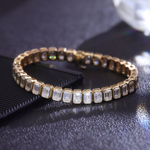 18K Yellow 4*6 Emerald Cut Moissanite Tennis Bracelet Real Gold Jewelry European and American Accessible Luxury Elegant Bracelet for Women